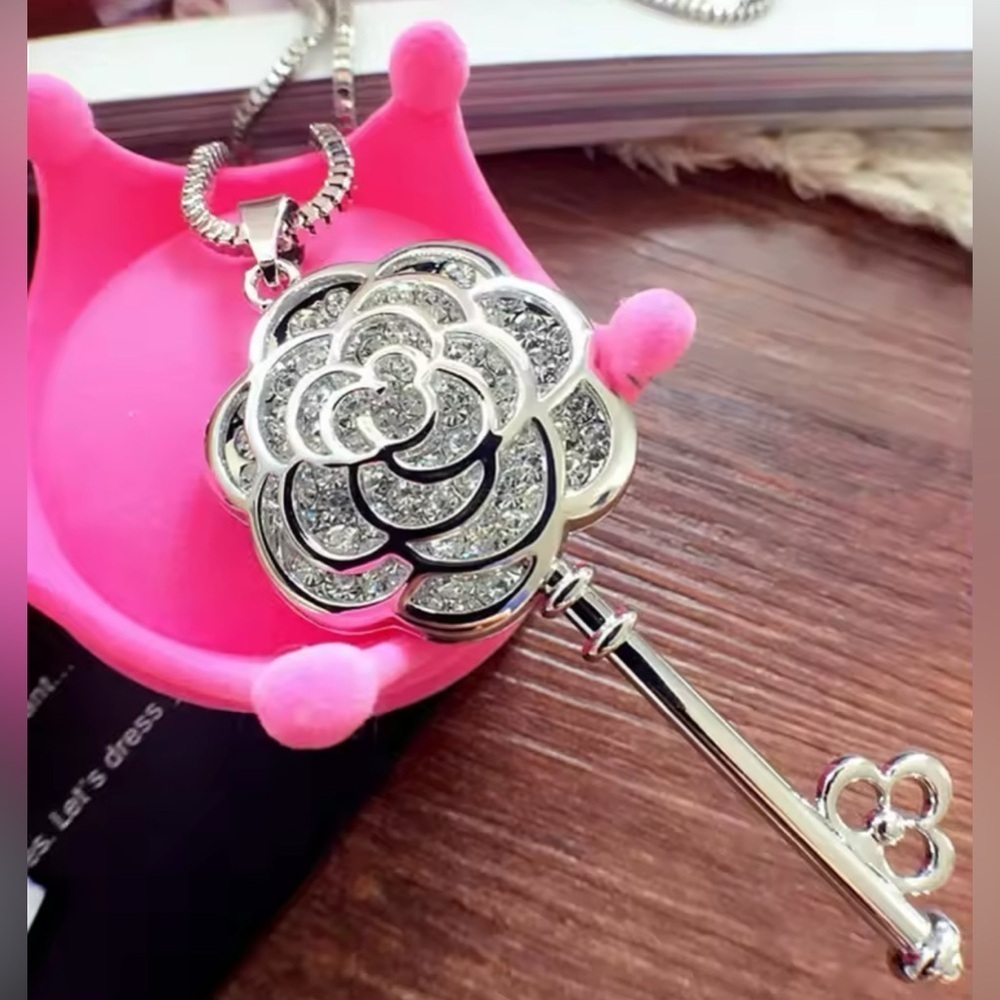 925 Sterling Silver Camellia Blossom Key Long Chain Necklace w/ Zircon Accents - Picture 7 of 11